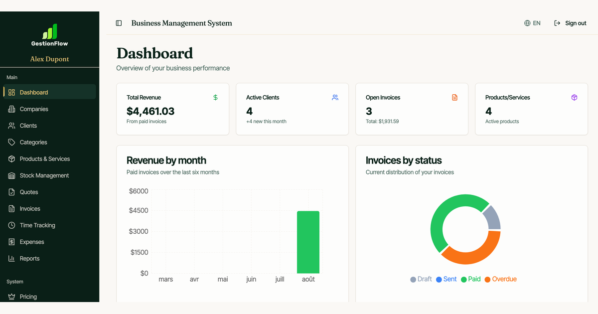 Screenshot of GestionFlow, All-in-one business management for freelancers and SMBs